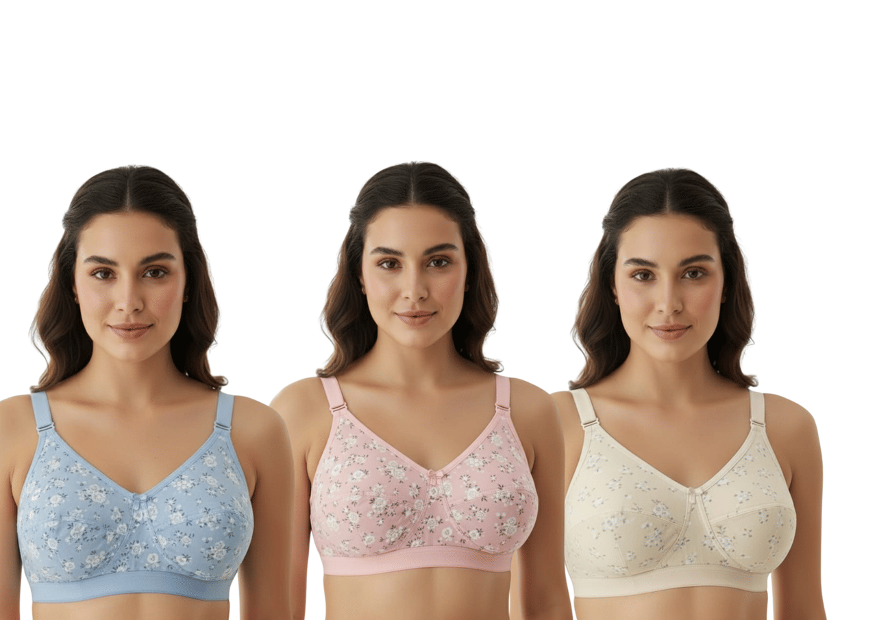 Funahme Pack of 3 Cotton Blend Non Padded Everyday Bra For Women ( Pink )