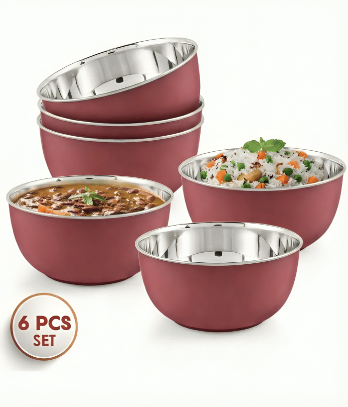 Kitcorner Desert Bowl | Snacks Bowl Stainless Steel Plain Cereal Bowl 13 cm ( Set of 3 ) Maroon