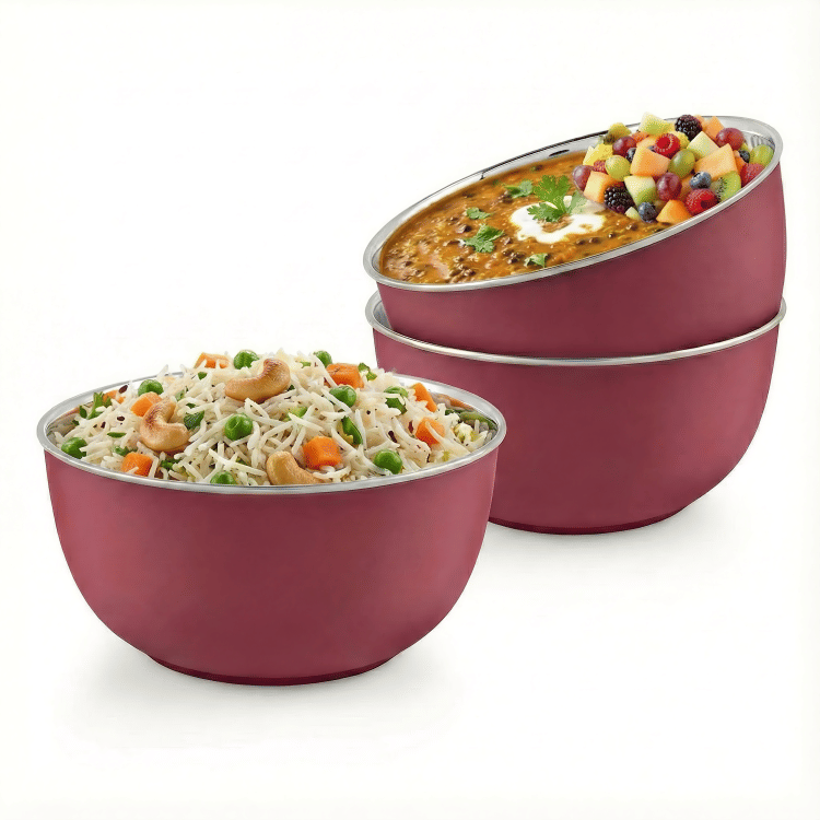 Kitcorner Snacks Bowl | Dessert Bowl Stainless Steel Plain Snacks Bowl 13 cm ( Set of 3 ) Maroon