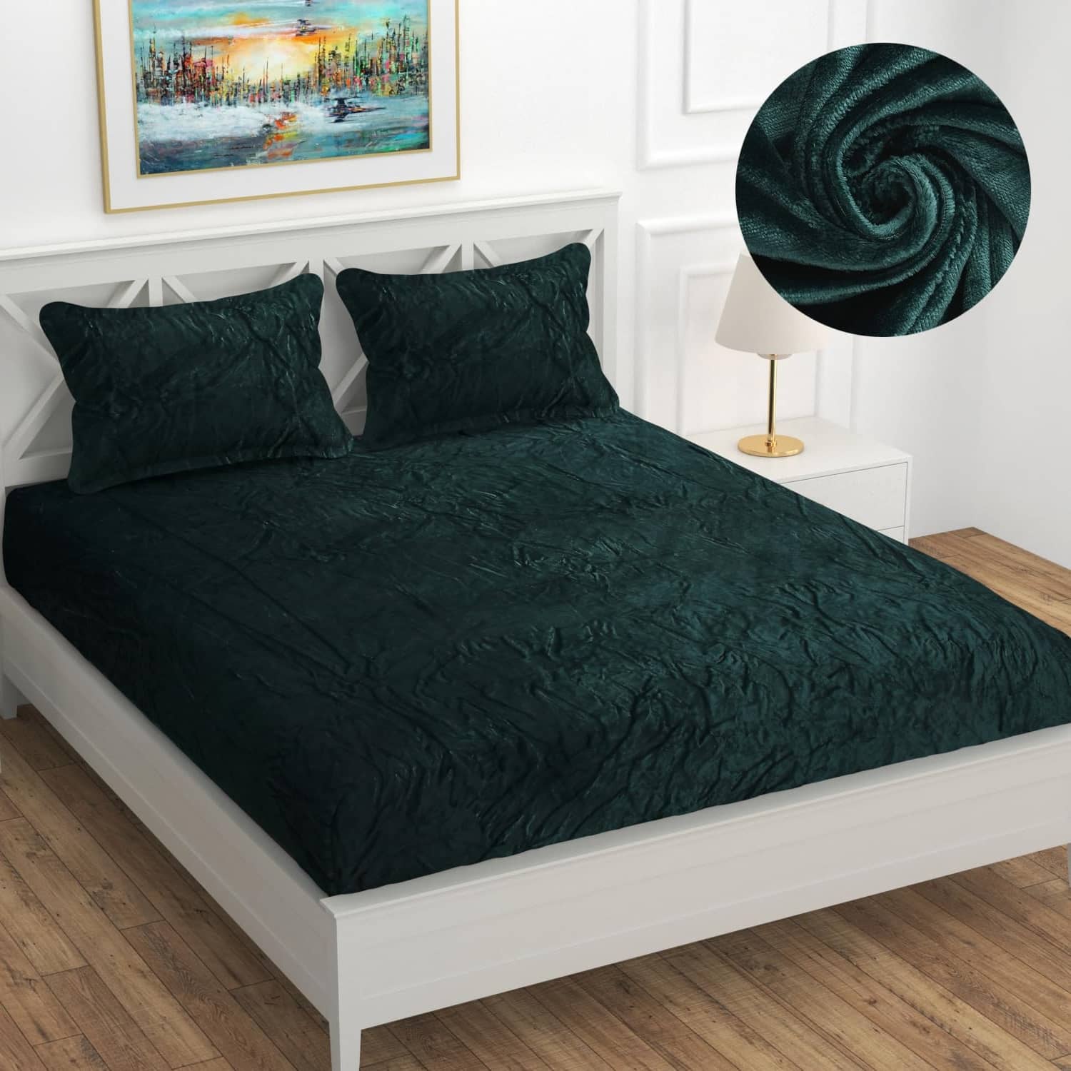 SWIZIER Woollen 1 King Fitted Bedsheet with 2 Pillow Covers ( 198 cm x 182 cm ) , Green