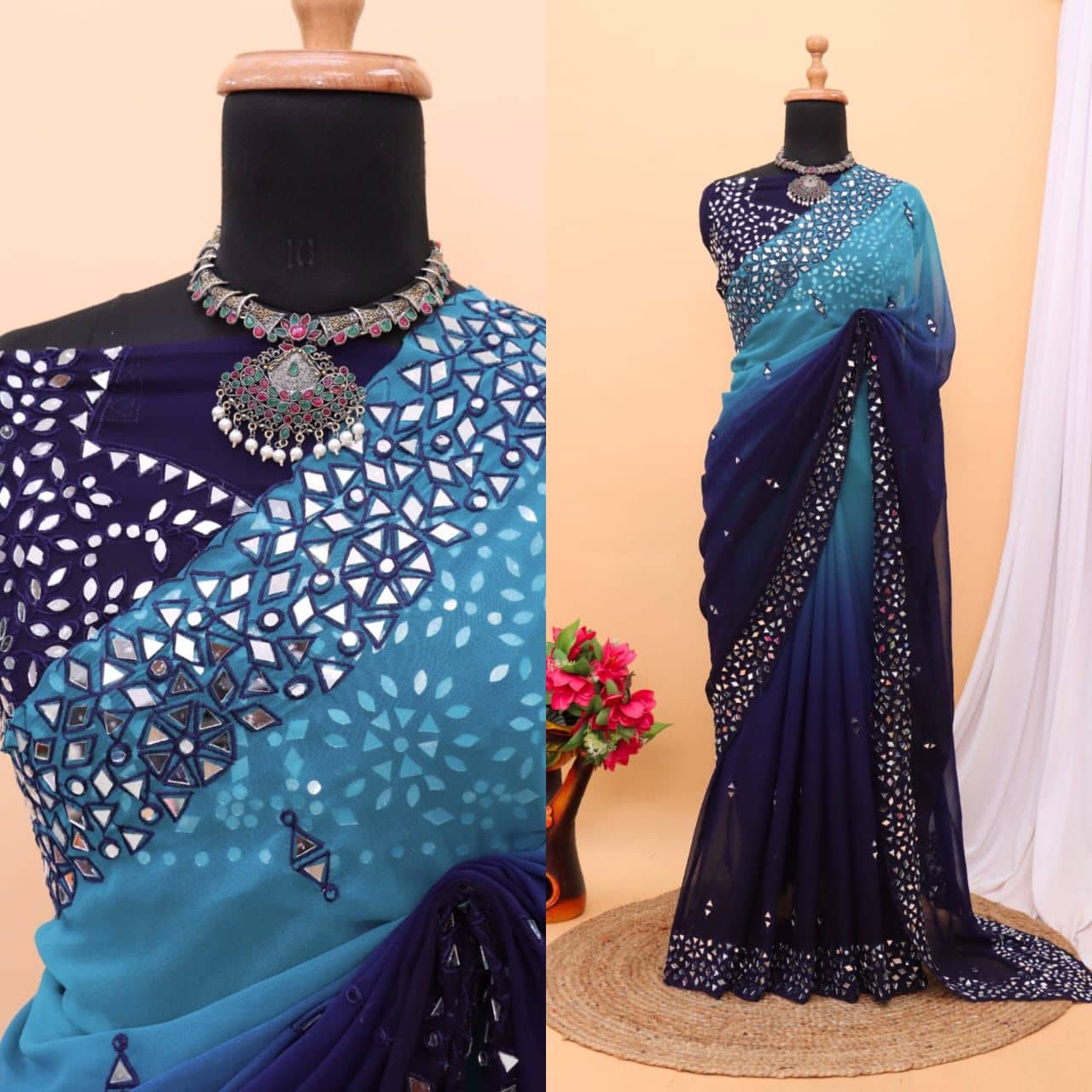 VEERAIVA Georgette Embroidered Regular Saree With Stitched Blouse ( Yellow ) - Sarees | Buy online on ZillyBuy
