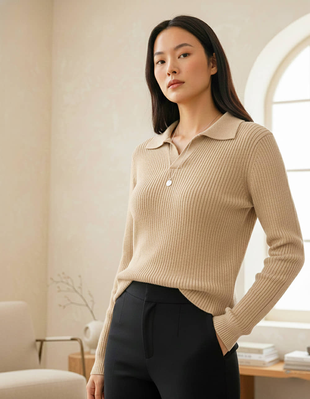 VIOUR Women Polyester Solid Regular Fit Polo Collar T-Shirt ( Beige )