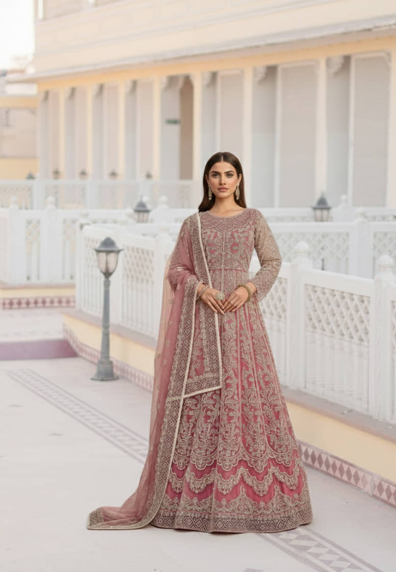 A TO Z CART Women Net Flared Semi Stitched Ethnic Gown With Dupatta ( Peach ) - Unstitched Fabrics | Buy online on ZillyBuy