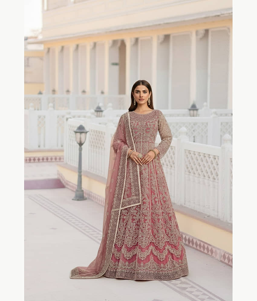 A TO Z CART Women Net Flared Semi Stitched Ethnic Gown With Dupatta ( Peach ) - Unstitched Fabrics | Buy online on ZillyBuy