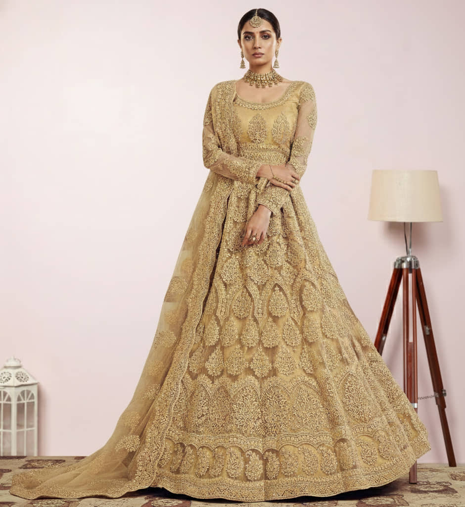 Aika Women Net Flared Semi Stitched Ethnic Gown With Dupatta ( Beige ) - Unstitched Fabrics | Buy online on ZillyBuy