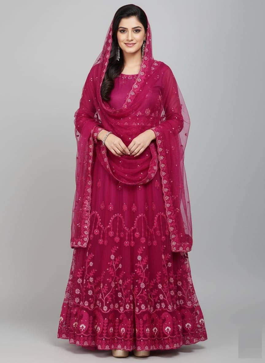 Aika Women Net Flared Semi Stitched Ethnic Gown With Dupatta ( Pink ) - Unstitched Fabrics | Buy online on ZillyBuy