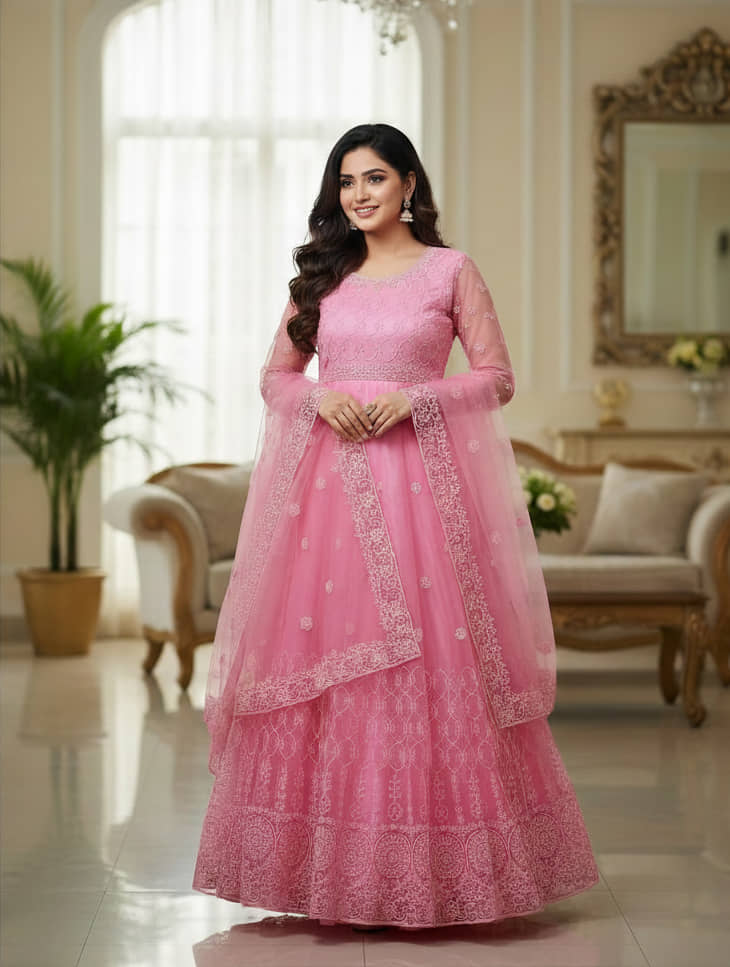 Aika Women Net Flared Semi Stitched Ethnic Gown With Dupatta ( Pink ) - Unstitched Fabrics | Buy online on ZillyBuy