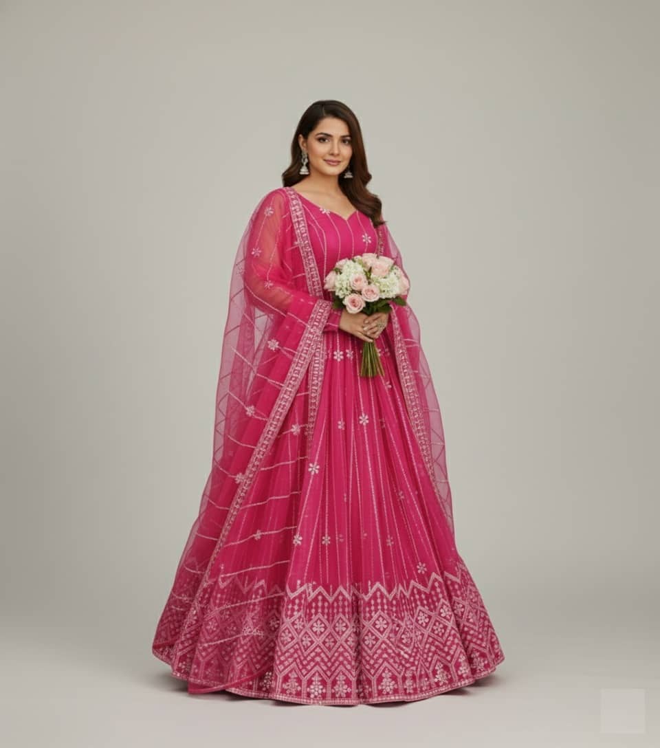 JULEE Women Net Flared Semi Stitched Ethnic Gown With Dupatta ( Pink ) - Unstitched Fabrics | Buy online on ZillyBuy