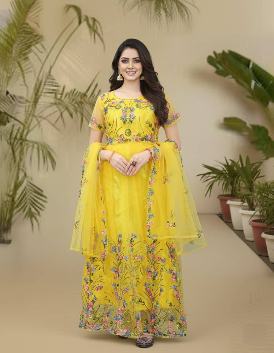 JULEE Women Net Flared Semi Stitched Ethnic Gown With Dupatta ( Yellow ) - Unstitched Fabrics | Buy online on ZillyBuy