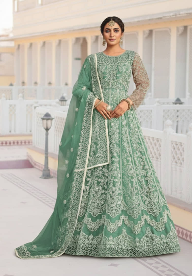 KV Fashion Women Net Flared Semi Stitched Ethnic Gown With Dupatta ( Lime Green ) - Unstitched Fabrics | Buy online on ZillyBuy