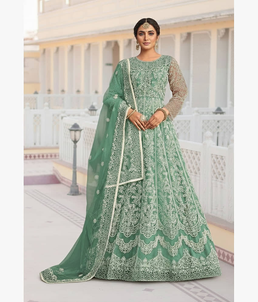 KV Fashion Women Net Flared Semi Stitched Ethnic Gown With Dupatta ( Lime Green ) - Unstitched Fabrics | Buy online on ZillyBuy