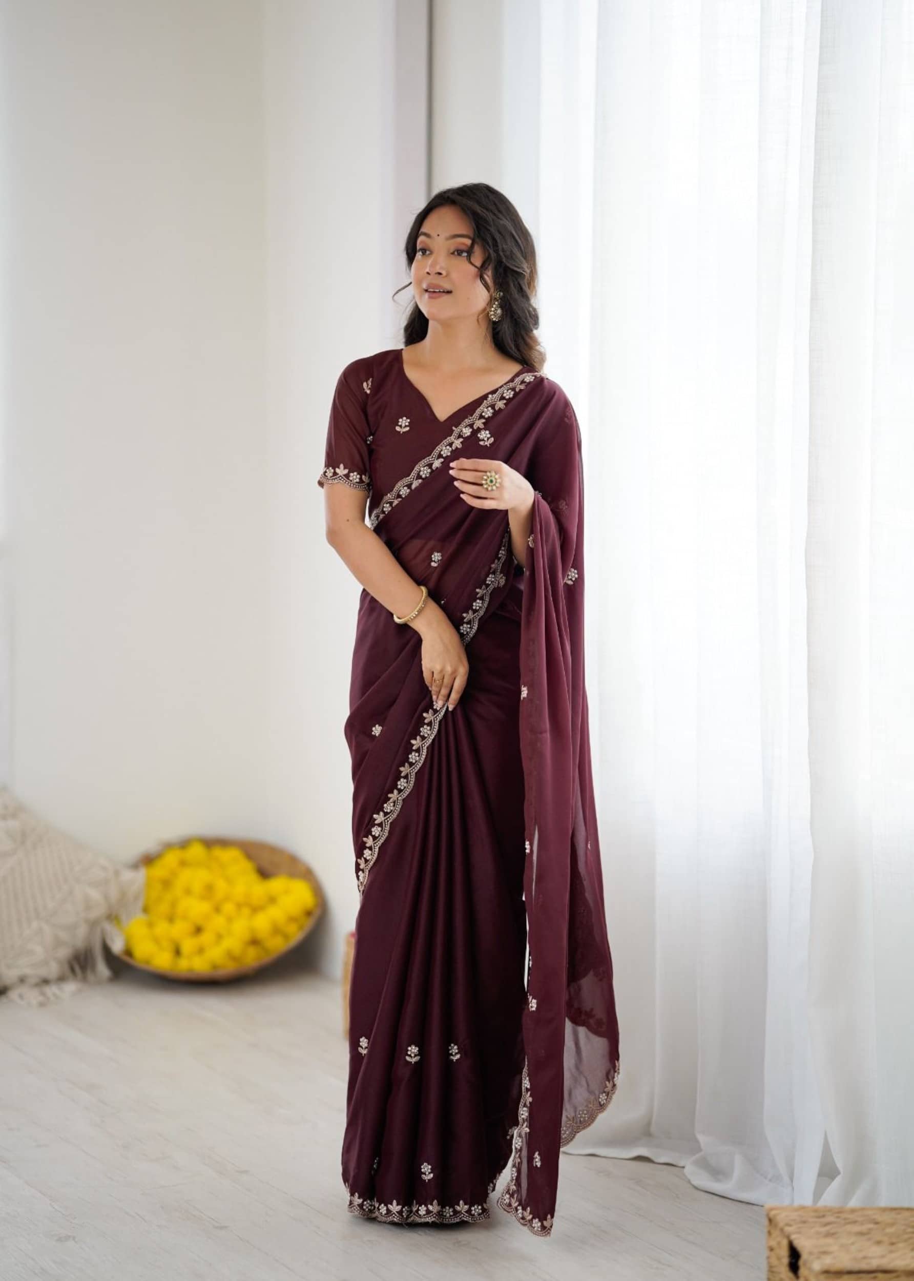 Rangtulika Ethnics Georgette Woven Design Regular Saree With Unstitched Blouse Piece ( Maroon ) - Sarees | Buy online on ZillyBuy