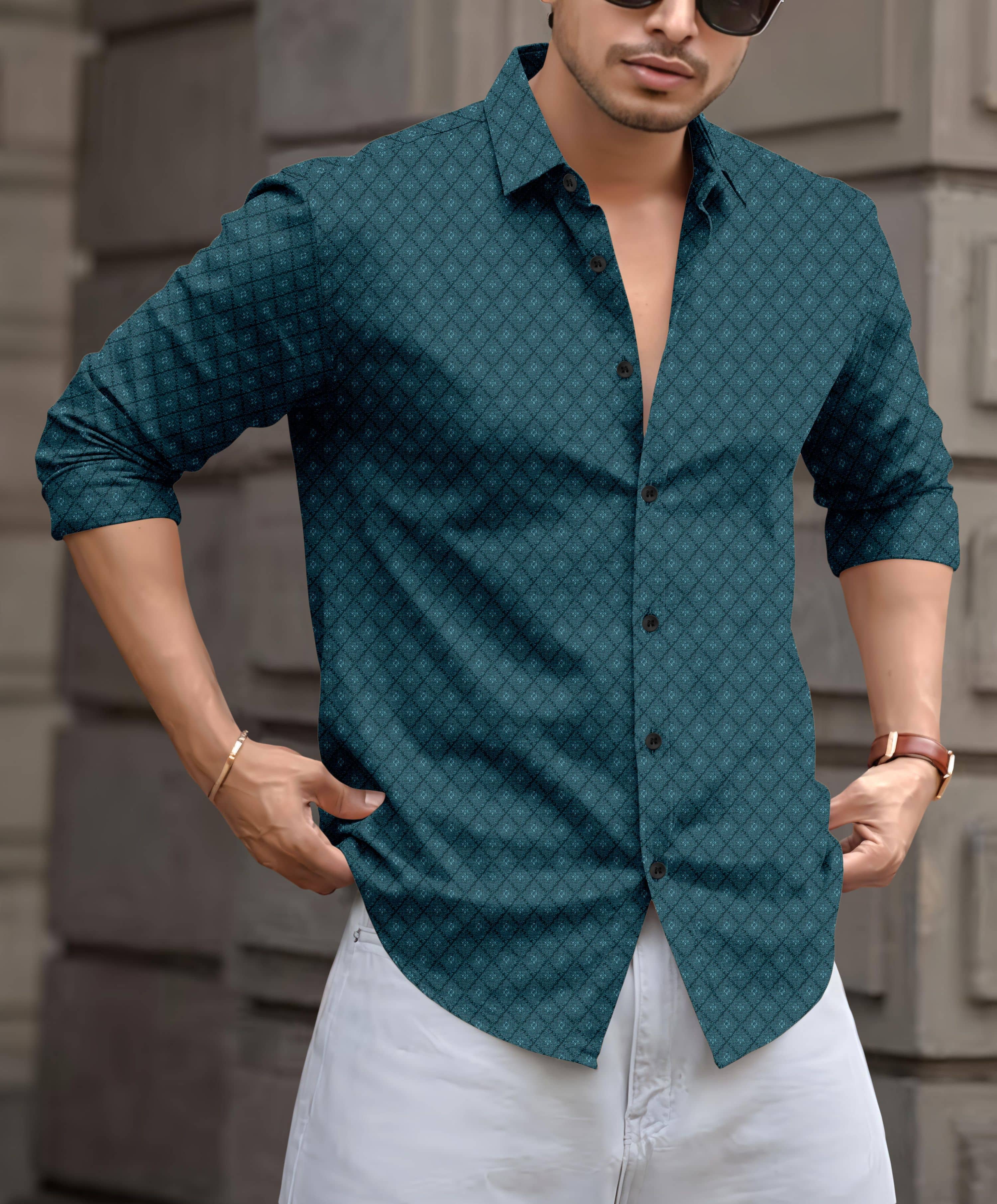 Nofilter Cotton Blend Regular Fit Printed Full Sleeves Men's Casual Shirt - Dark Green ( Pack of 1 )