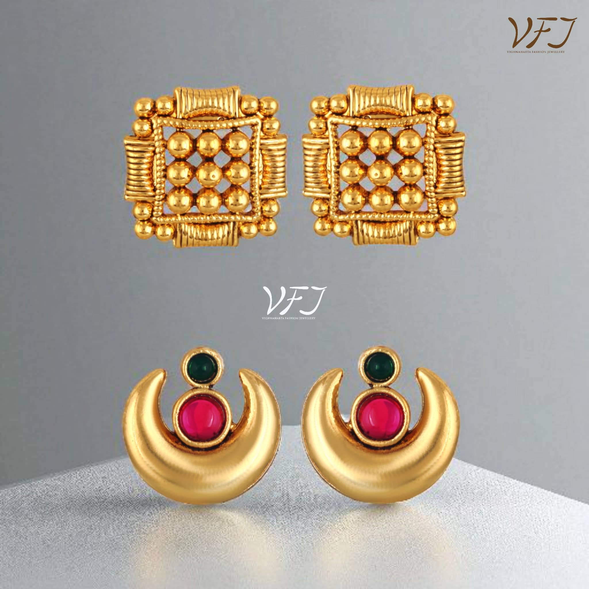 Vighnaharta Golden Stud Earrings ( Pack of 2 ) - Earrings | Buy online on ZillyBuy