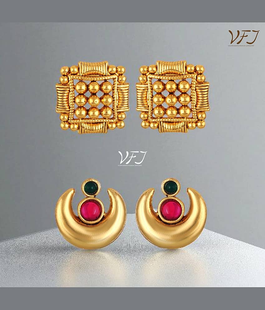 Vighnaharta Golden Stud Earrings ( Pack of 2 ) - Earrings | Buy online on ZillyBuy