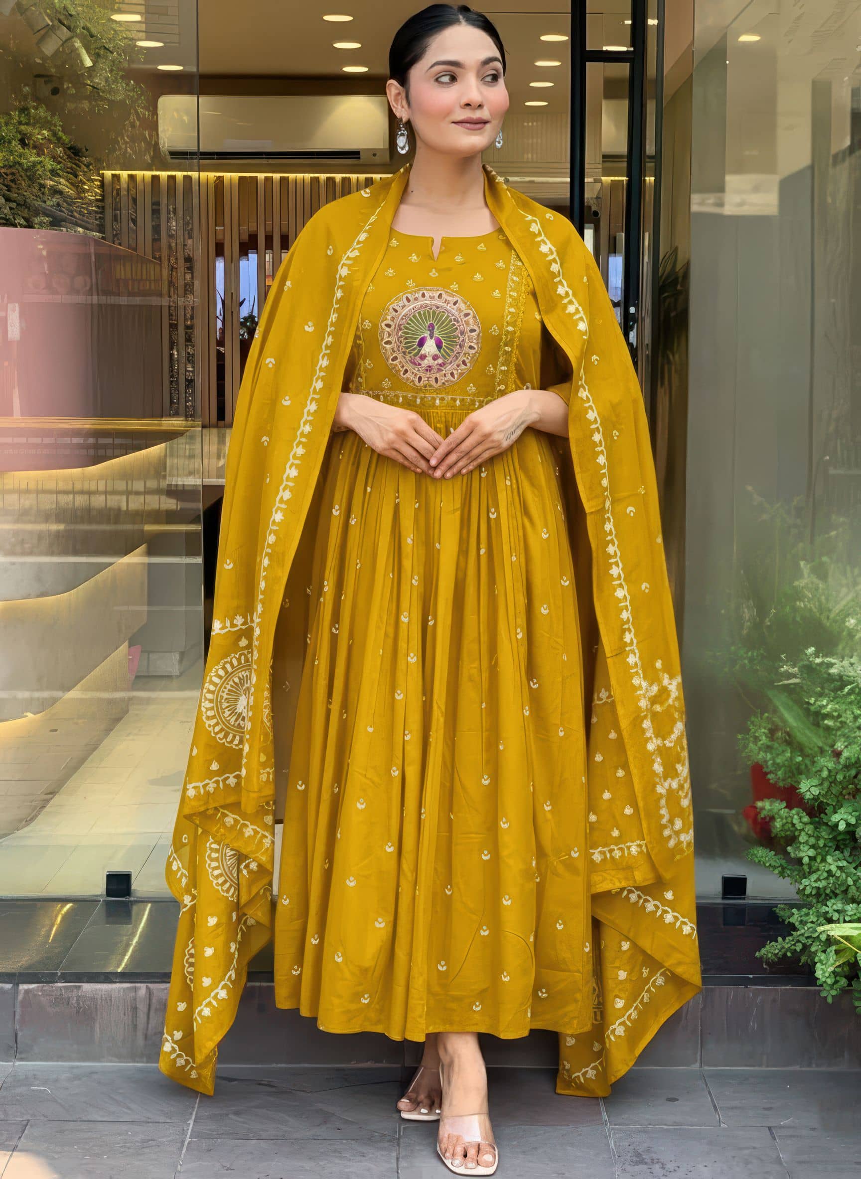 anushansa Women Viscose Embroidered Flared Kurti With Pants ( Yellow )