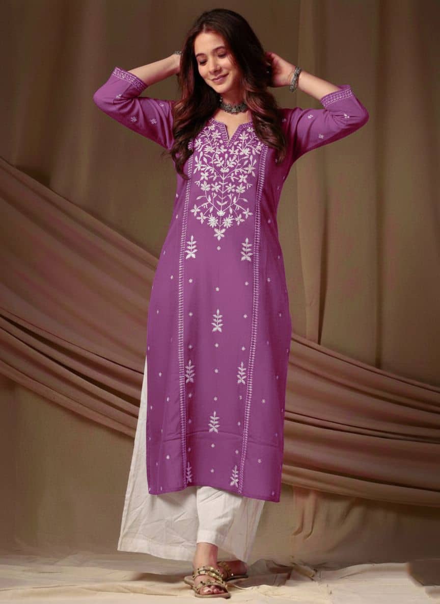 anushansa Women Viscose Rayon Embroidered Straight Kurti ( Purple ) - Kurtis, Tunics | Buy online on ZillyBuy
