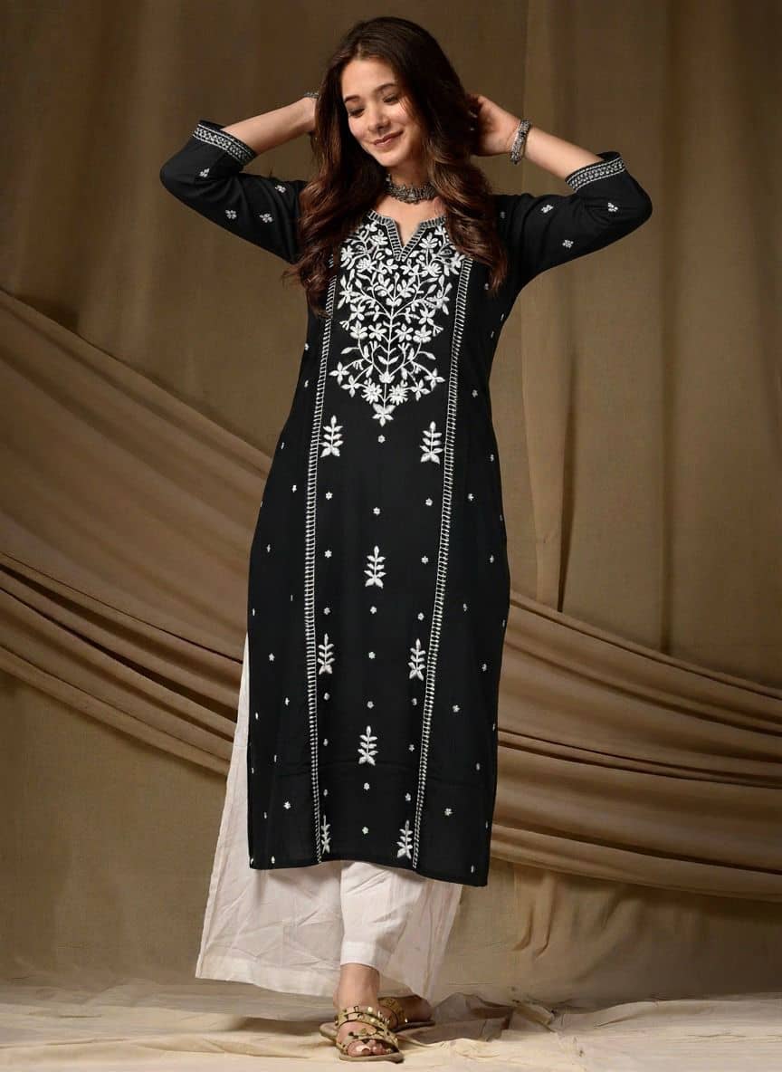 anushansa Women Viscose Rayon Embroidered Straight Kurti ( Black ) - Kurtis, Tunics | Buy online on ZillyBuy
