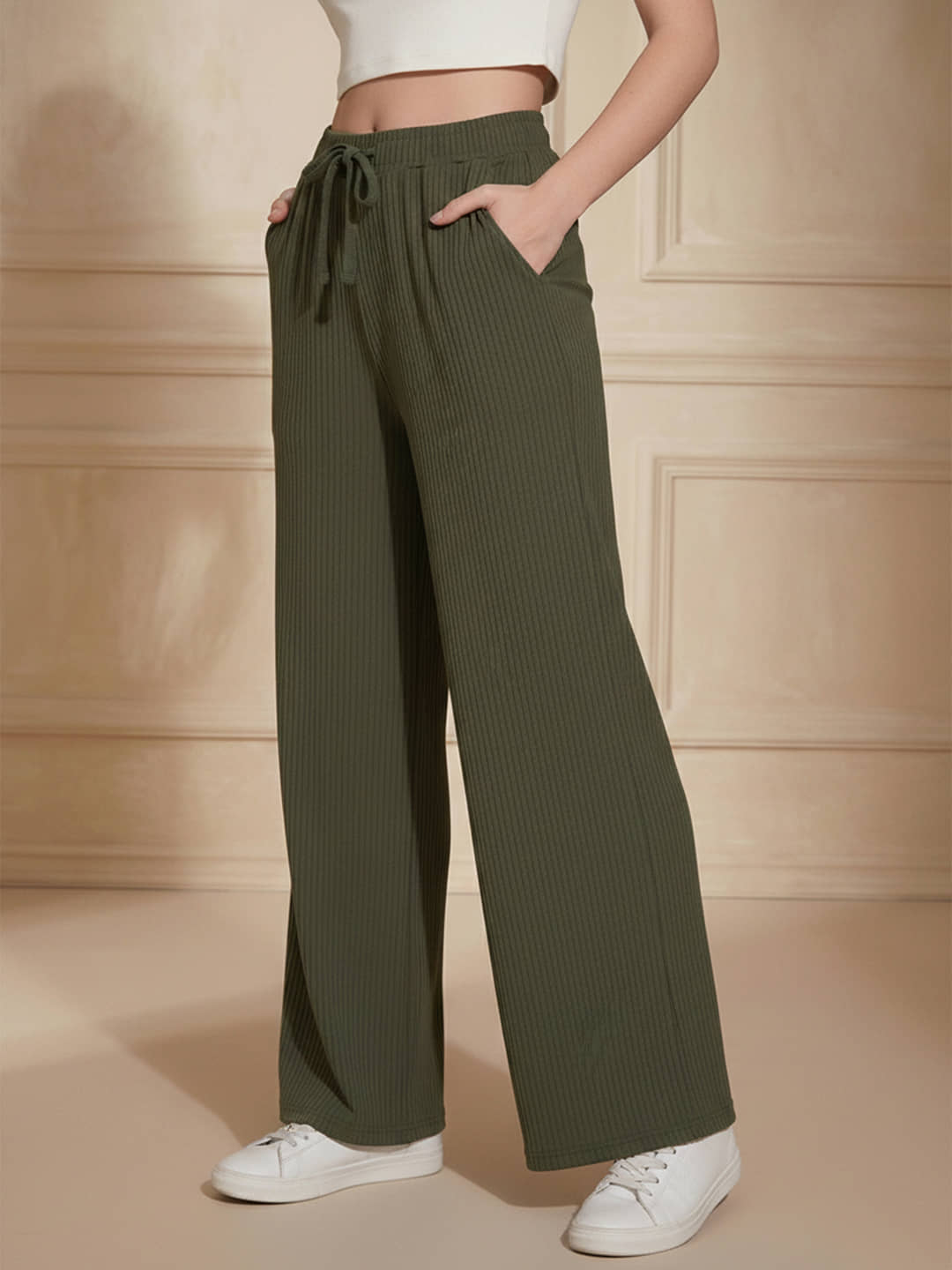 DTR FASHION Women Cotton Blend Wide Leg Trousers ( Green ) - Trousers | Buy online on ZillyBuy