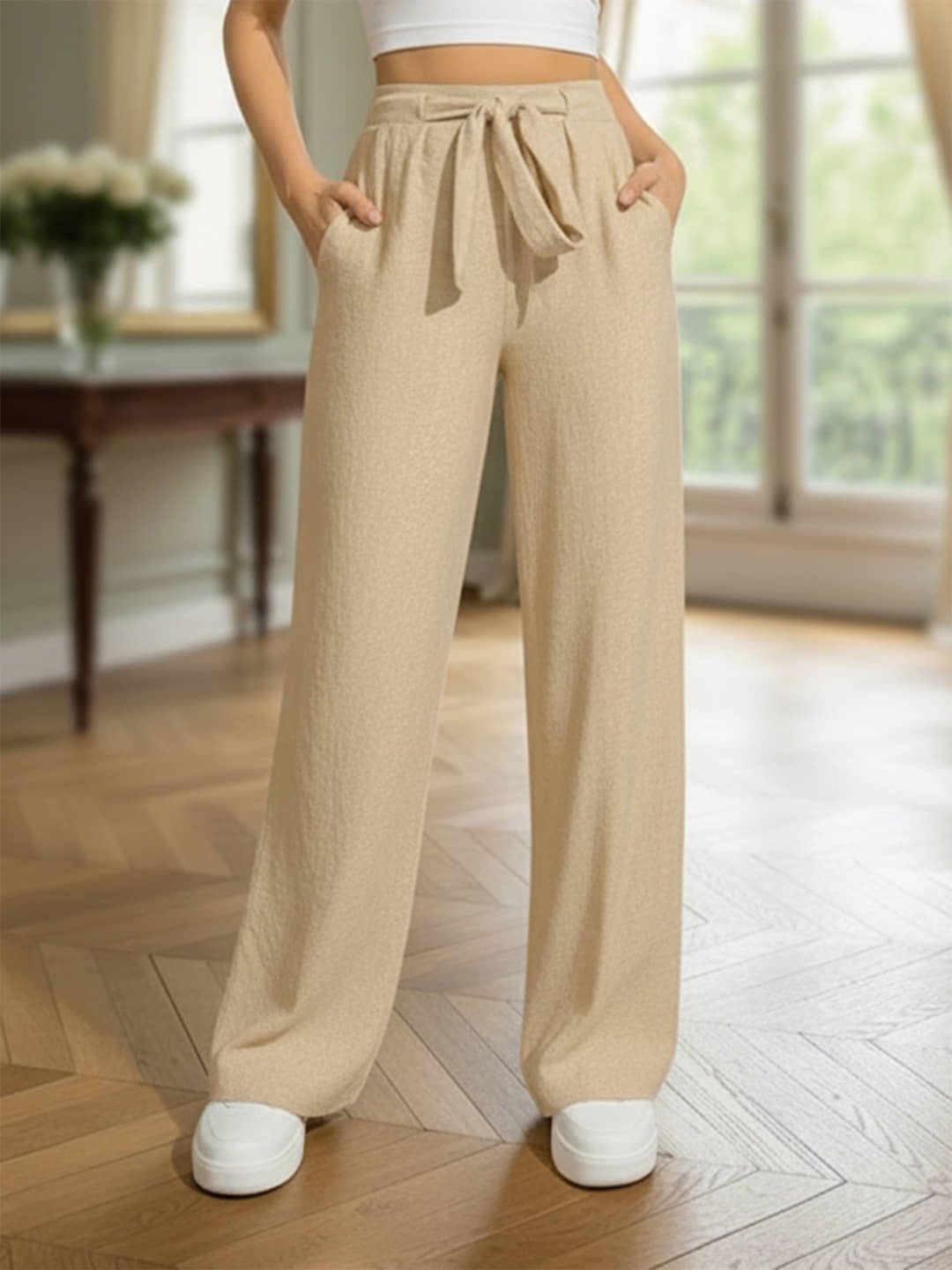DTR FASHION Women Cotton Blend Wide Leg Trousers ( Beige ) - Trousers | Buy online on ZillyBuy