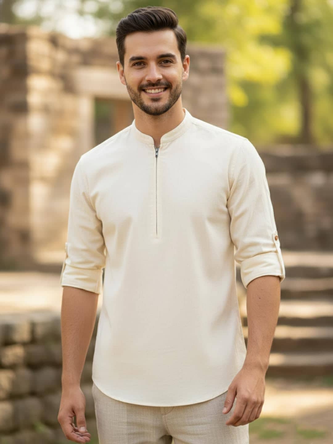 UNI VIBE Cotton Blend Plain Shirt Style Kurta For Men ( Beige ) - Kurtas & Kurta Sets | Buy online on ZillyBuy