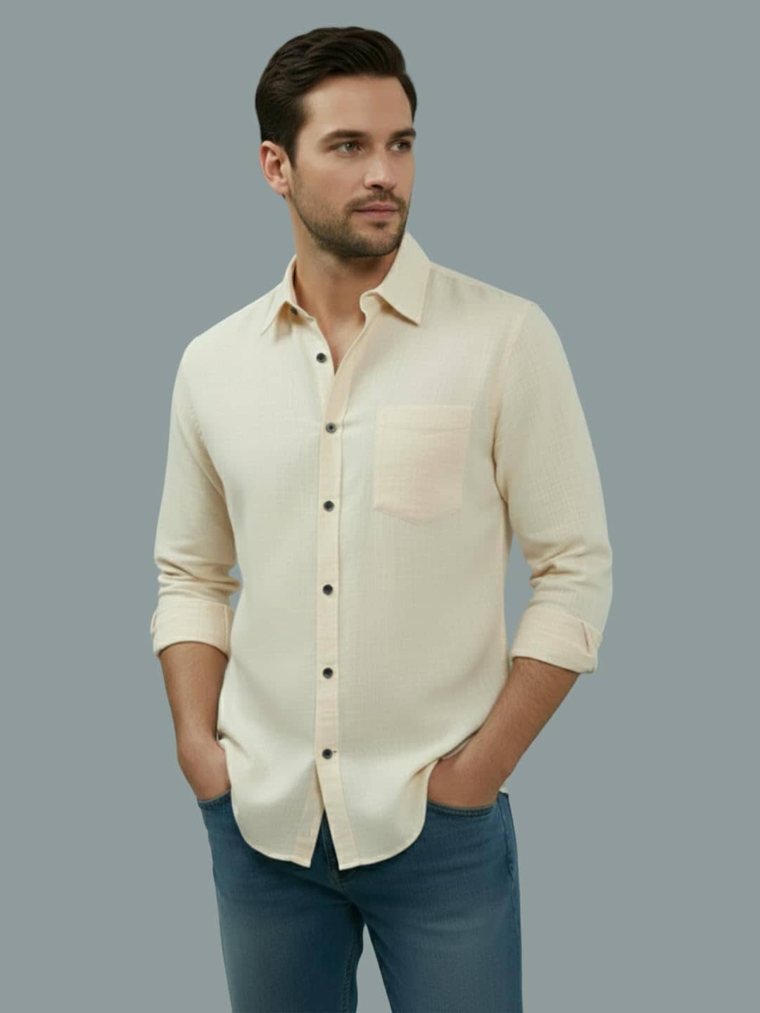 UNI VIBE Cotton Blend Slim Fit Full Sleeves Men's Formal Shirt - Beige ( Pack of 1 )