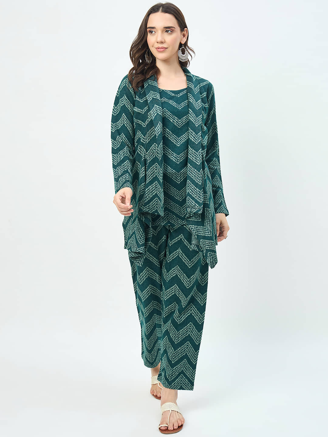 VIAZAA Women Self Design T-Shirt With Trousers Co-Ord Set ( Green )