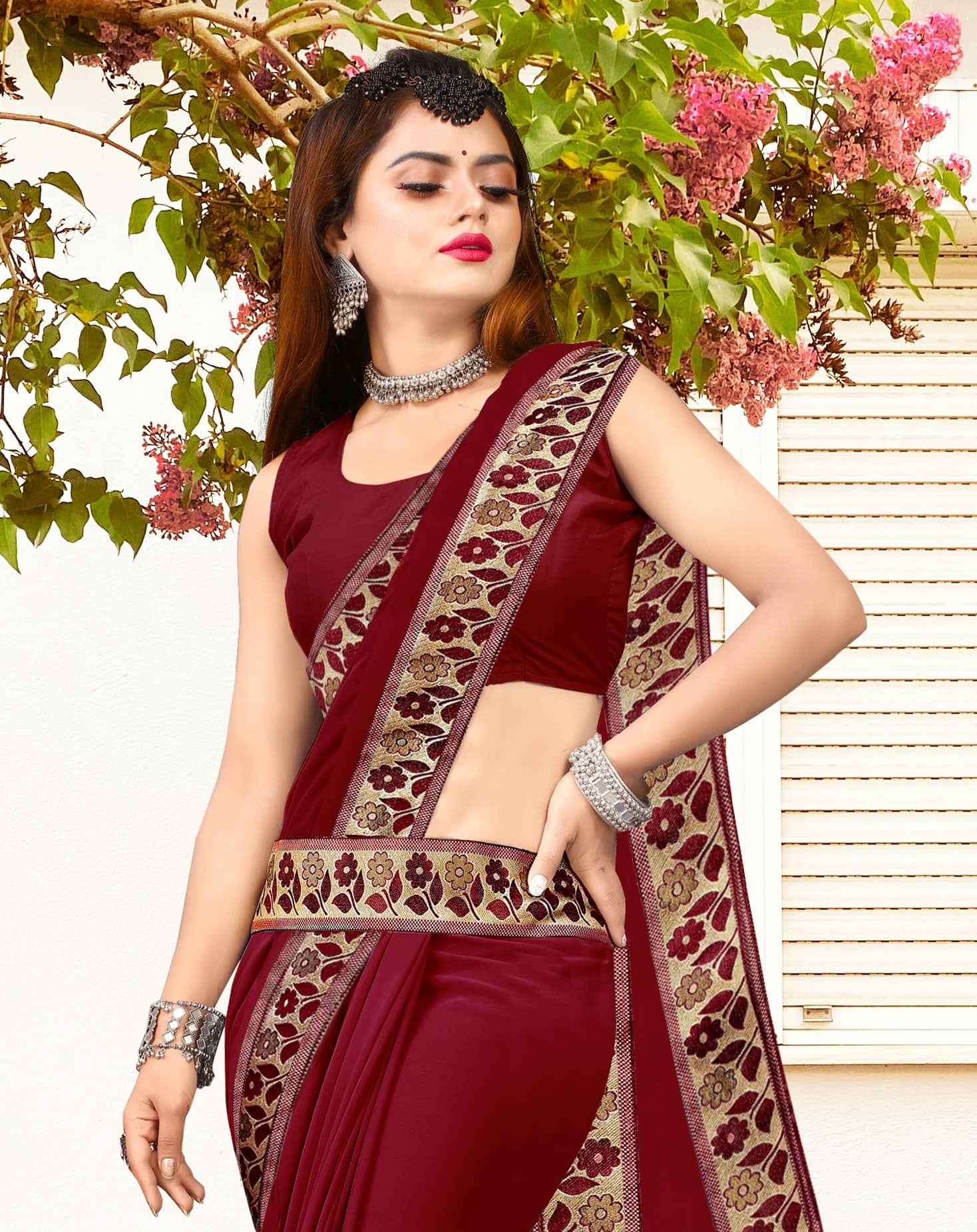 WXW Fashion Lycra Embroidered Regular Saree With Unstitched Blouse Piece ( Maroon ) - Sarees | Buy online on ZillyBuy