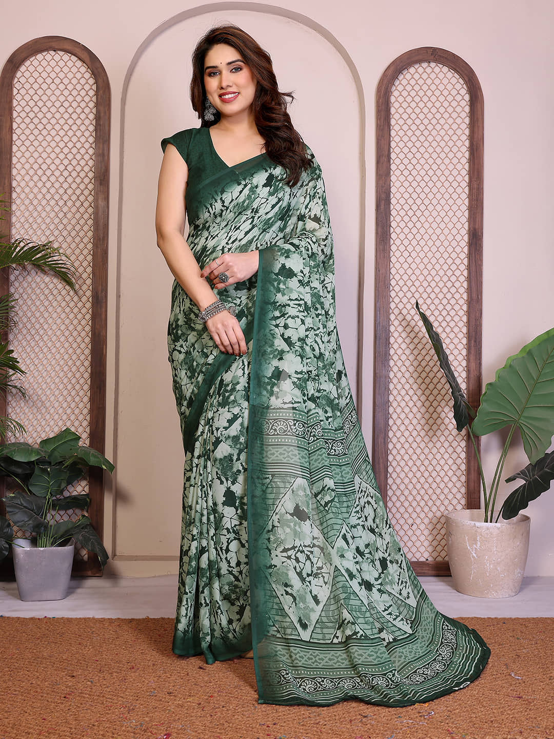 ANAND SAREES Georgette Printed Regular Saree With Unstitched Blouse Piece ( Green ) - Sarees | Buy online on ZillyBuy
