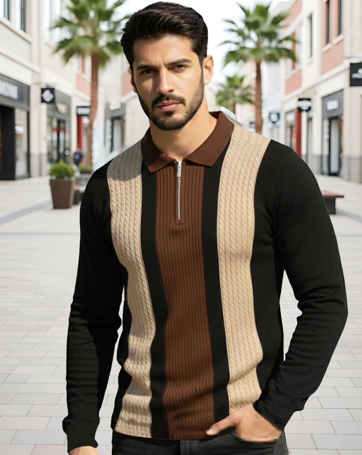 AUSK Men Cotton Blend Regular Fit Striped Polo T Shirt ( Brown )
