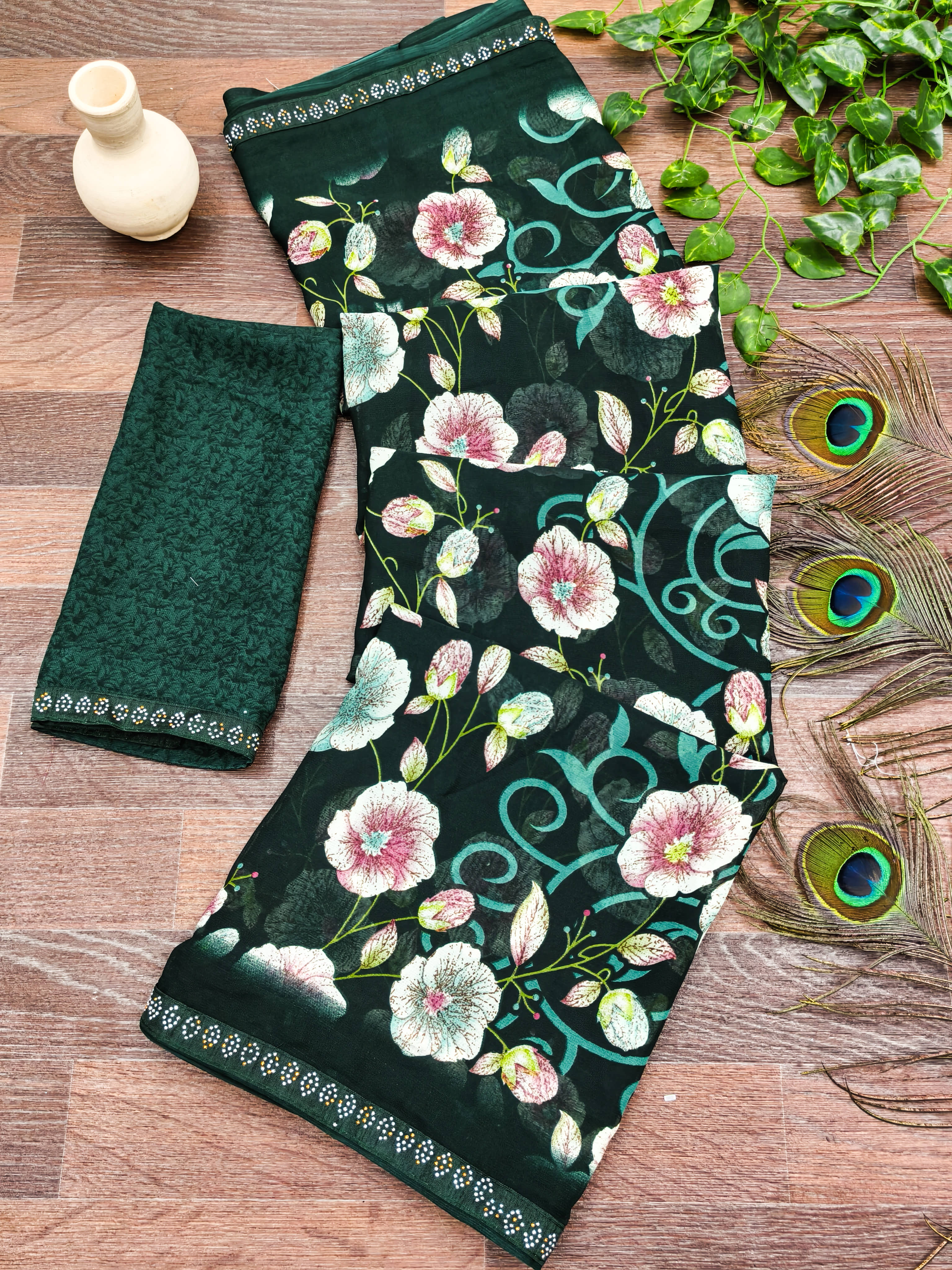 Kashvi Sarees Georgette Printed Regular Saree With Unstitched Blouse Piece ( Green ) - Sarees | Buy online on ZillyBuy