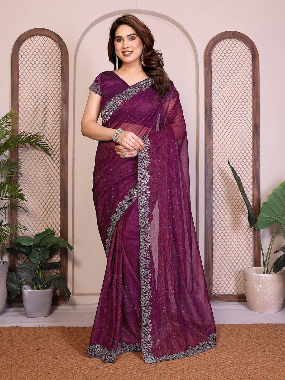 Kashvi Sarees Net Solid Regular Saree With Unstitched Blouse Piece ( Wine ) - Sarees | Buy online on ZillyBuy