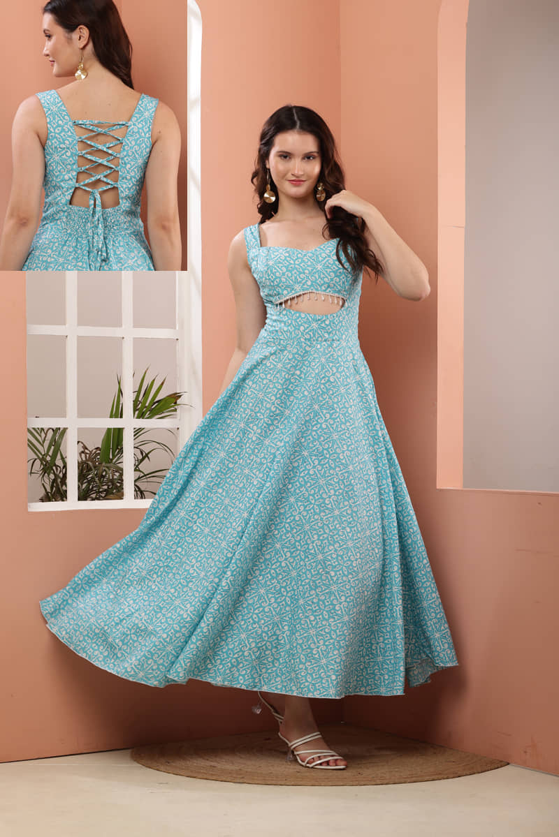 Dazzler Women Crepe Printed Fit & Flare Dress ( Blue )