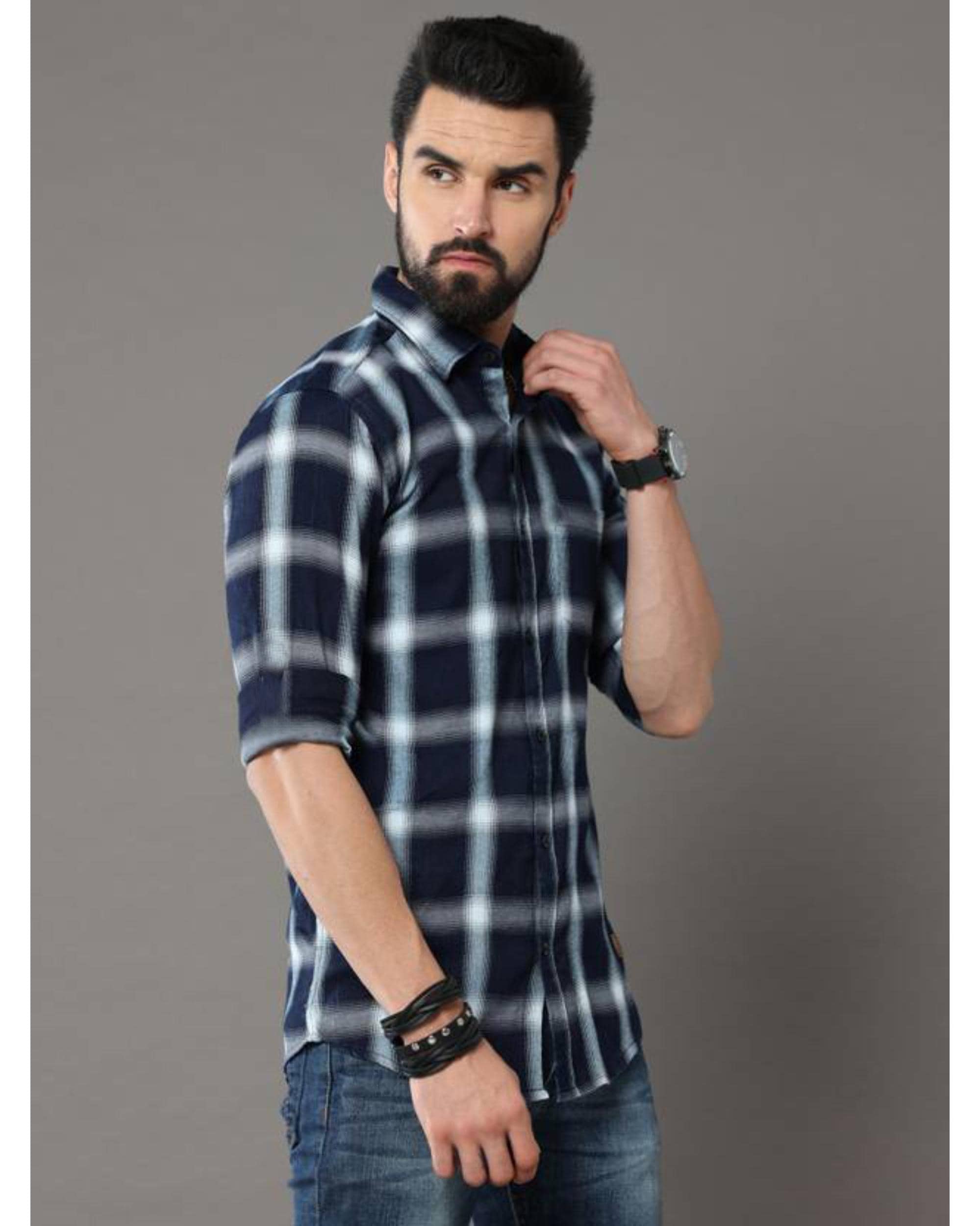 VENIZ WESTERN WEAR Cotton Blend Regular Fit Checks Full Sleeves Men's Casual Shirt - Dark Blue ( Pack of 1 )