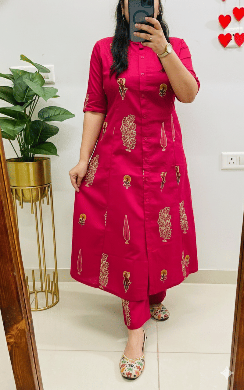 YAGNIK FASHION Women Rayon Self Design A-line Kurti With Pants ( Pink )