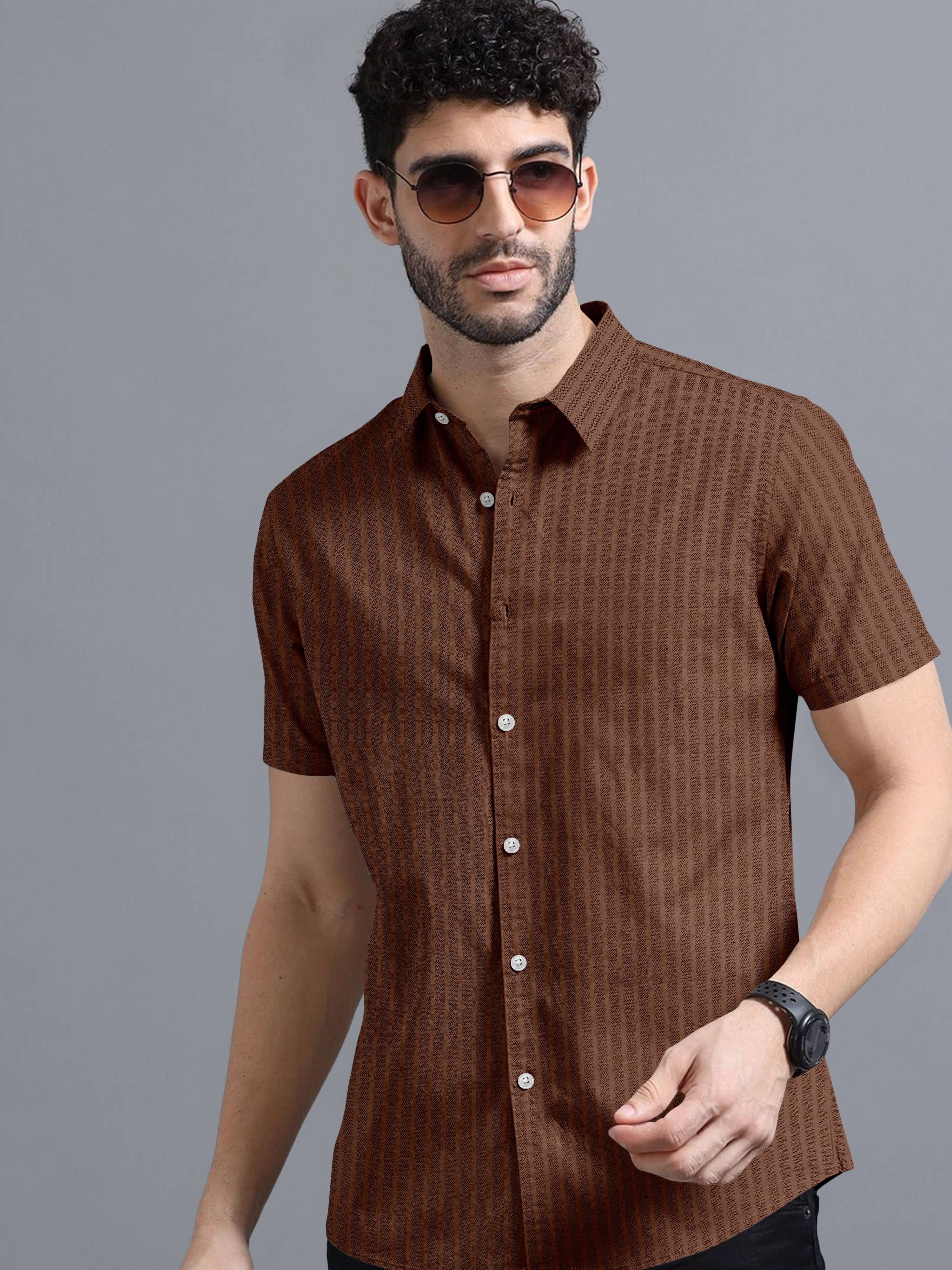 Ethnic Trendz Poly Cotton Regular Fit Striped Half Sleeves Men's Casual Shirt - Brown ( Pack of 1 )