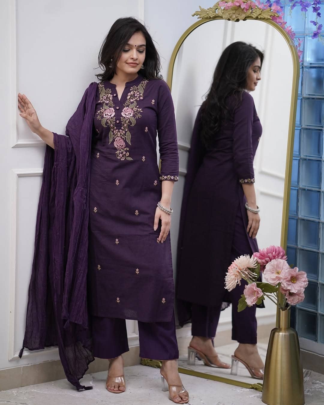 MEHZEEL FAB Women Cotton Silk Embroidered Straight Kurti With Pants ( Wine )