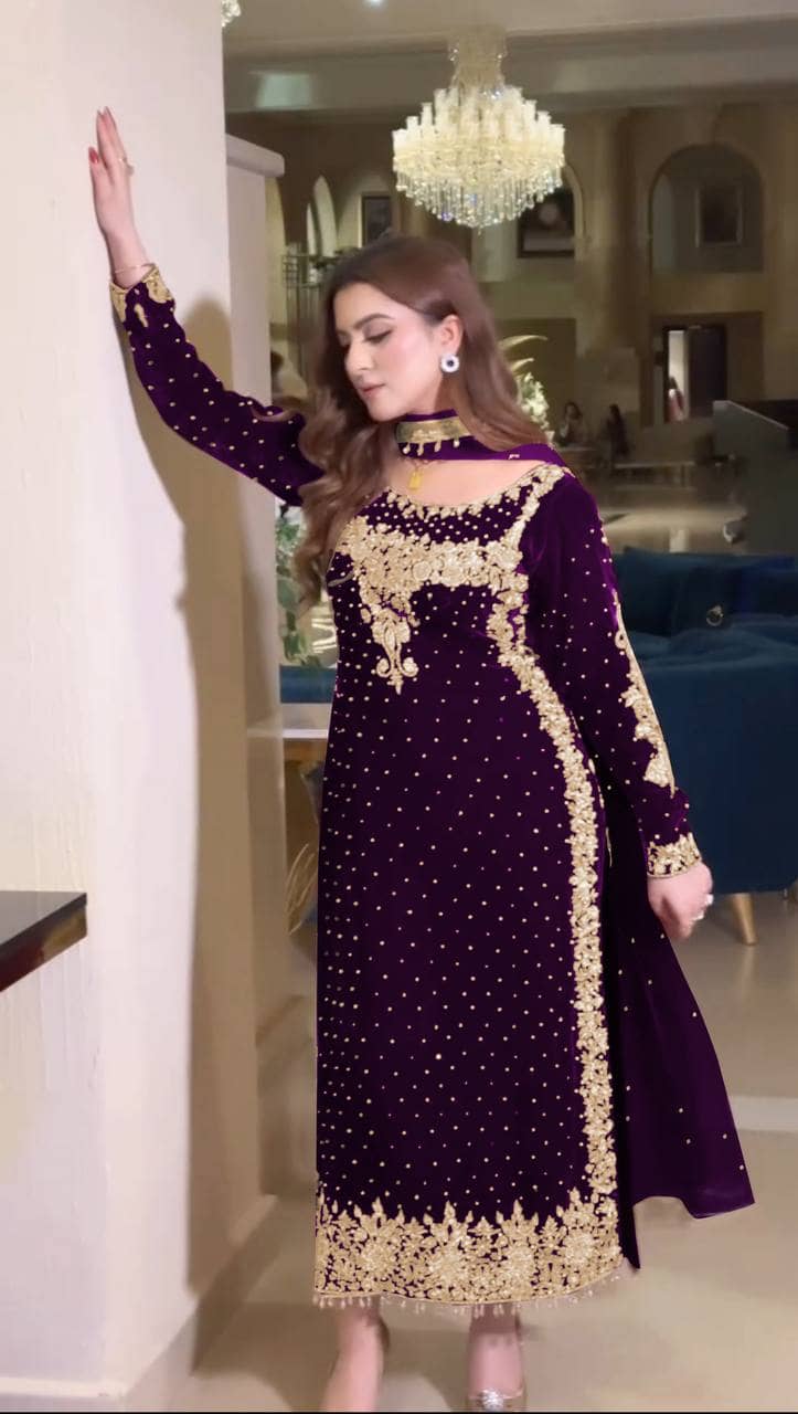 VYOM EMPORIO Women Velvet Embroidered Ethnic Motifs Kurti With Salwar ( Wine )