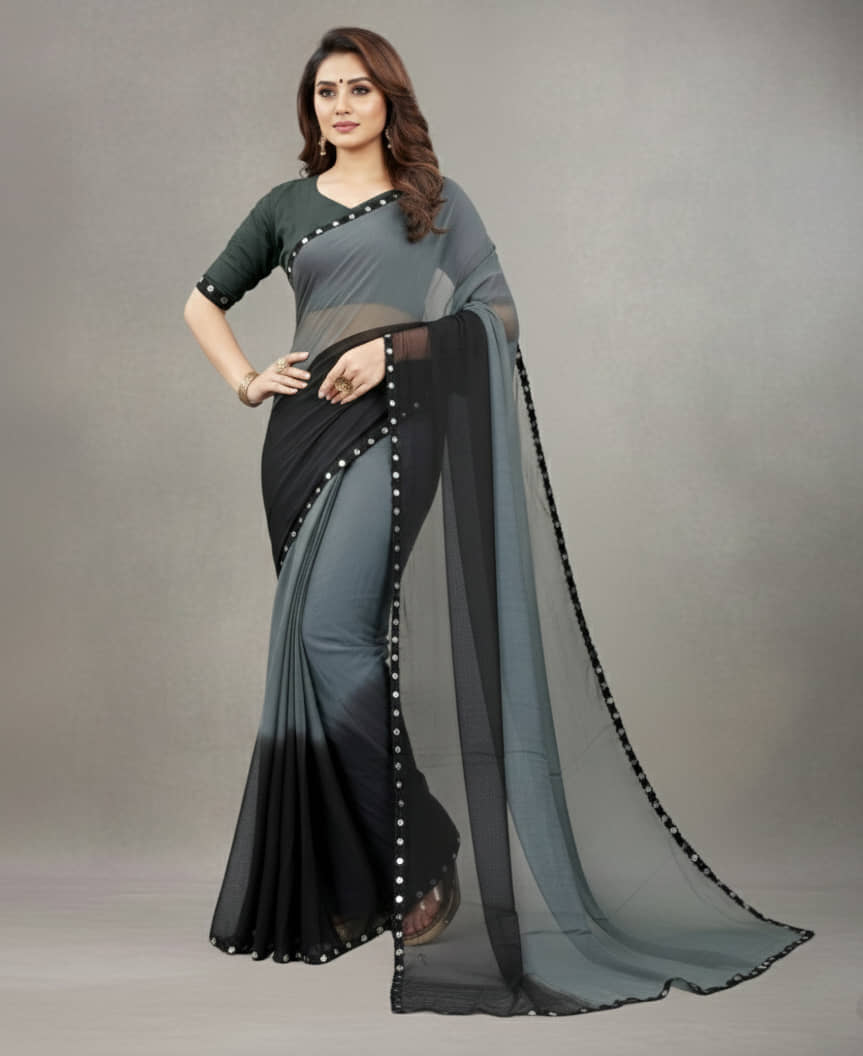 A TO Z CART Chiffon Solid Regular Saree With Unstitched Blouse Piece ( Grey ) - Sarees | Buy online on ZillyBuy