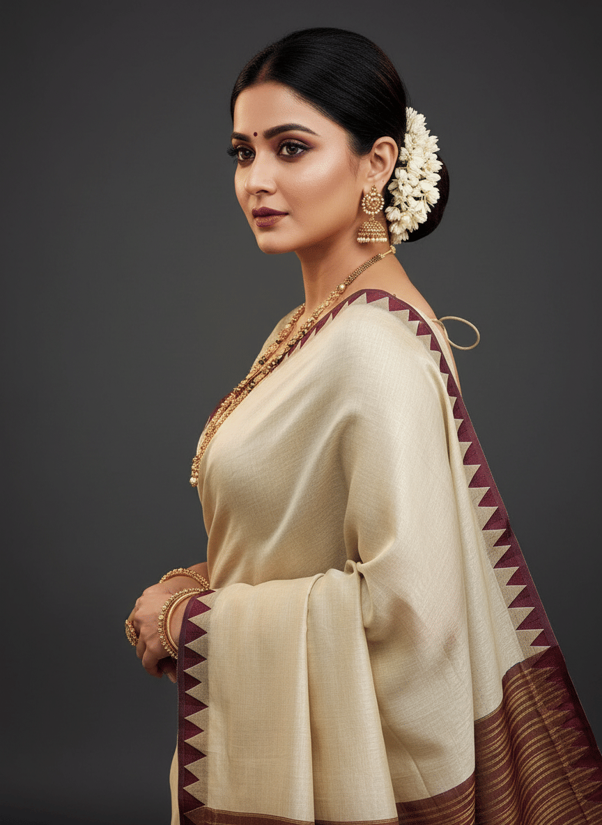 IndShopMart Cotton Silk Woven Regular Saree With Unstitched Blouse Piece ( Maroon,Beige ) - Sarees | Buy online on ZillyBuy