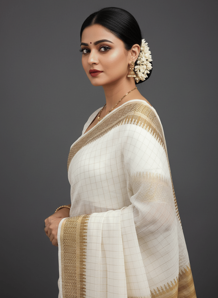 IndShopMart Cotton Silk Woven Regular Saree With Unstitched Blouse Piece ( White,Beige ) - Sarees | Buy online on ZillyBuy
