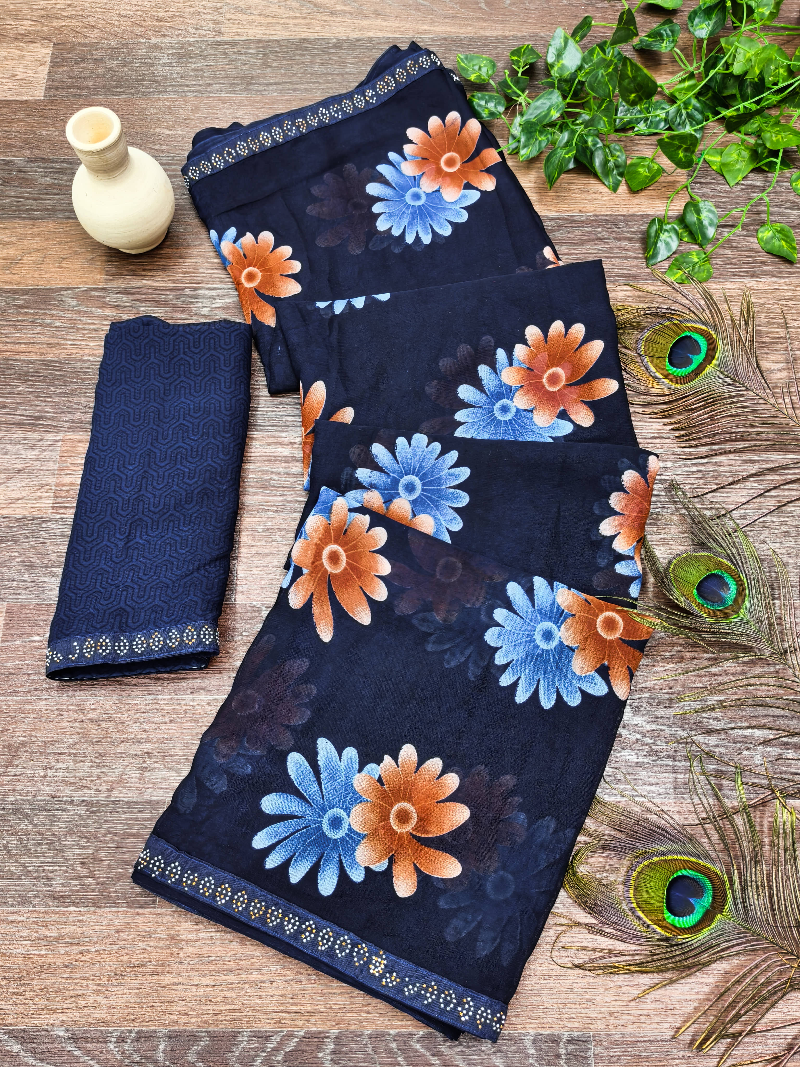 Kashvi Sarees Georgette Printed Regular Saree With Unstitched Blouse Piece ( Blue ) - Sarees | Buy online on ZillyBuy