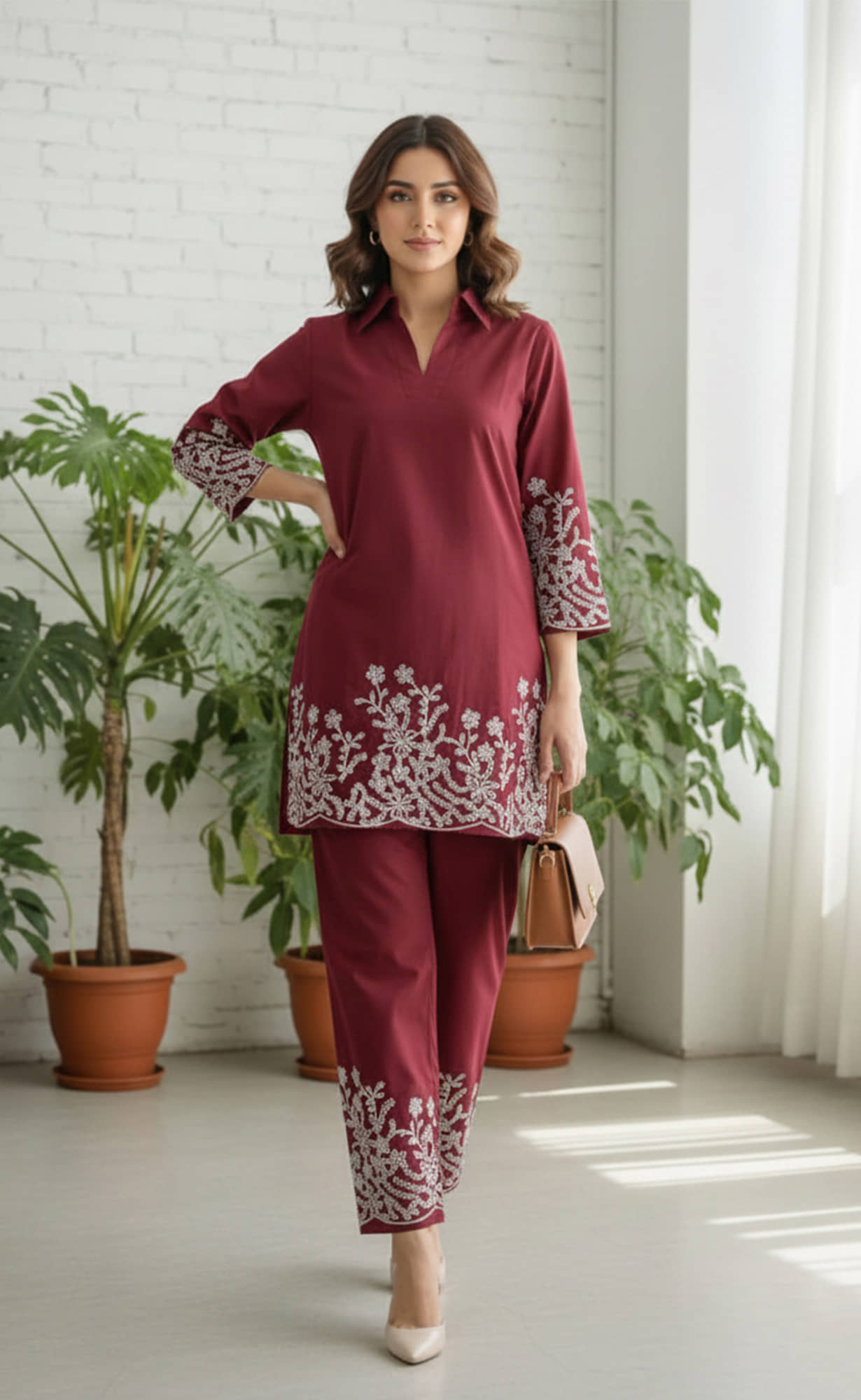 Nirja Fab Women Embroidered Tunic With Trousers Co-Ord Set ( Maroon )