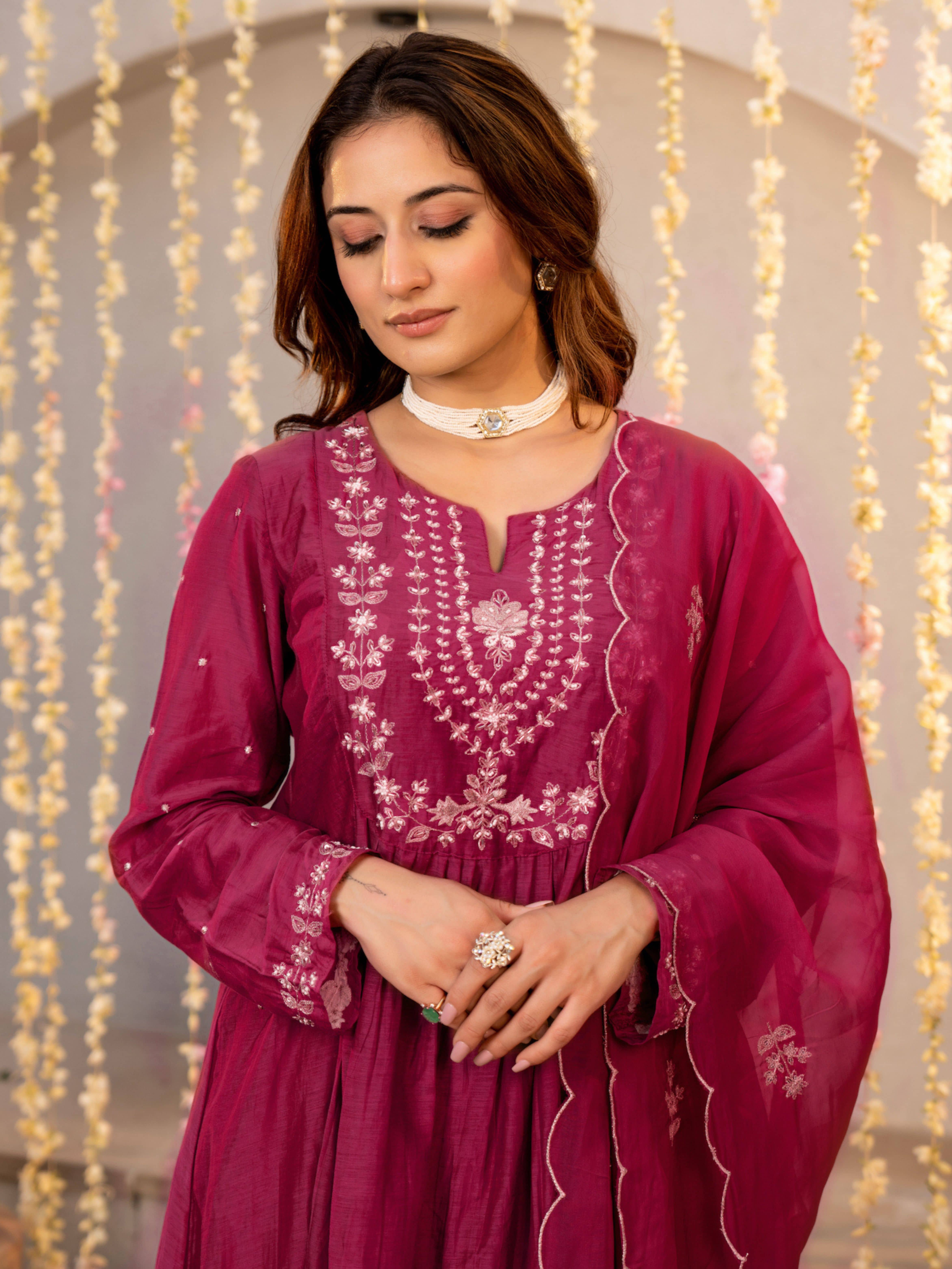 Royal Export Women Silk Blend Embroidered Anarkali Kurti With Pants ( Pink )