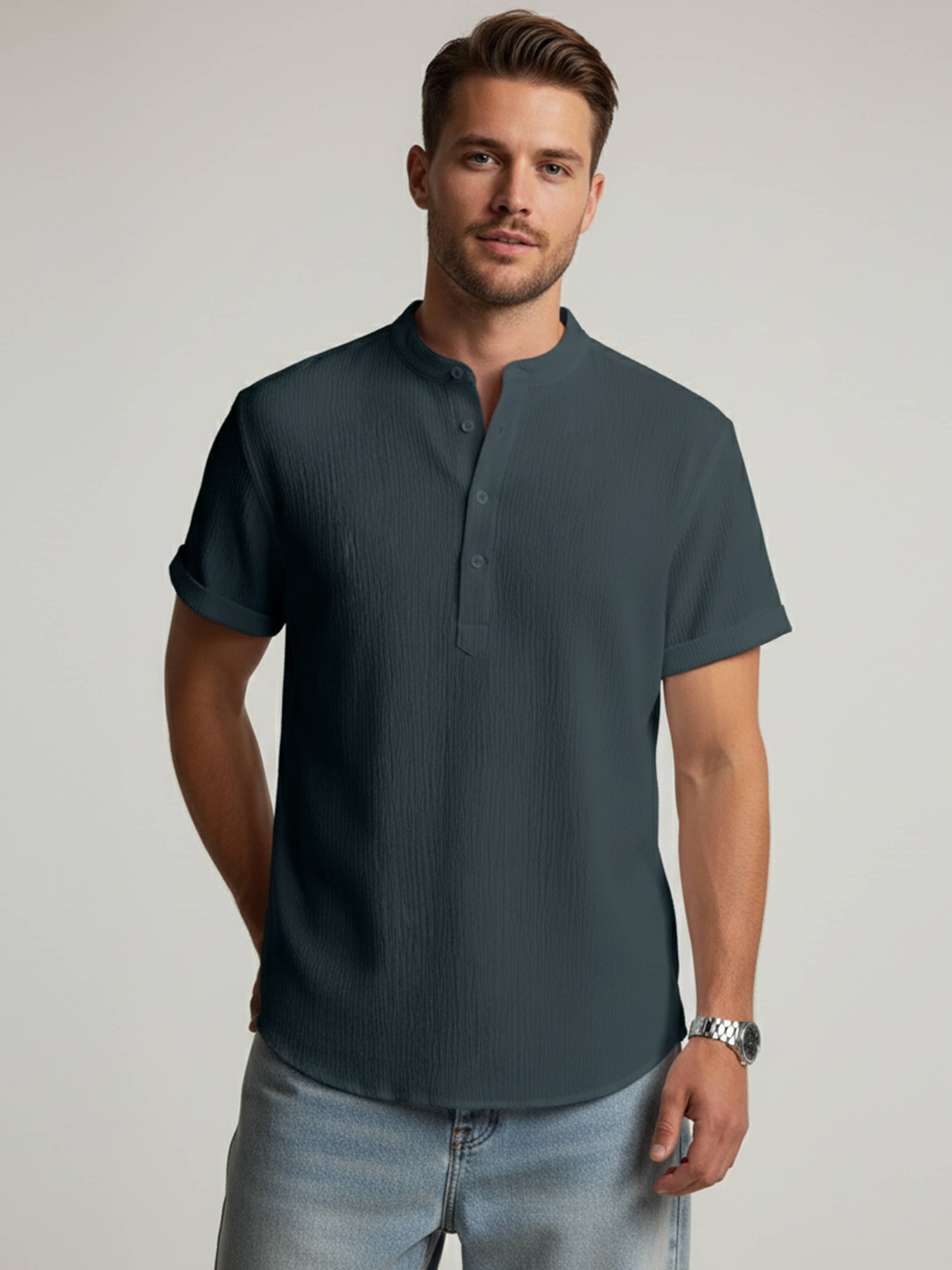 WEBRIC Cotton Blend Self Design Shirt Style Kurta For Men ( Grey ) - Kurtas & Kurta Sets | Buy online on ZillyBuy