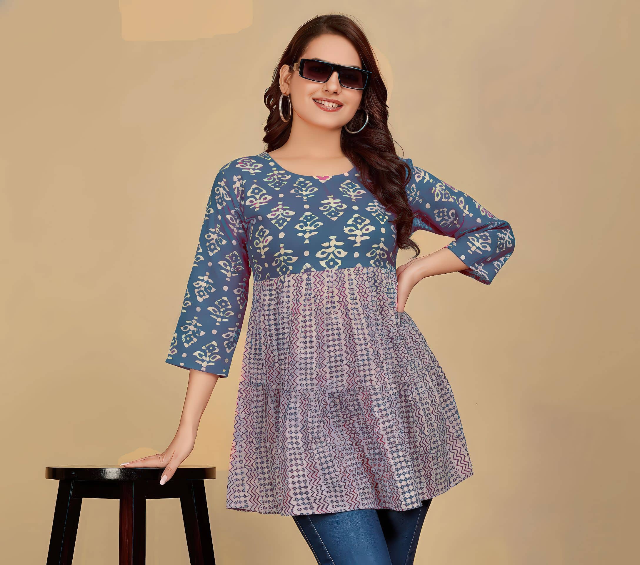 anushansa Women Cotton Blend Printed Tiered Flared Kurti ( Blue ) - Kurtis, Tunics | Buy online on ZillyBuy