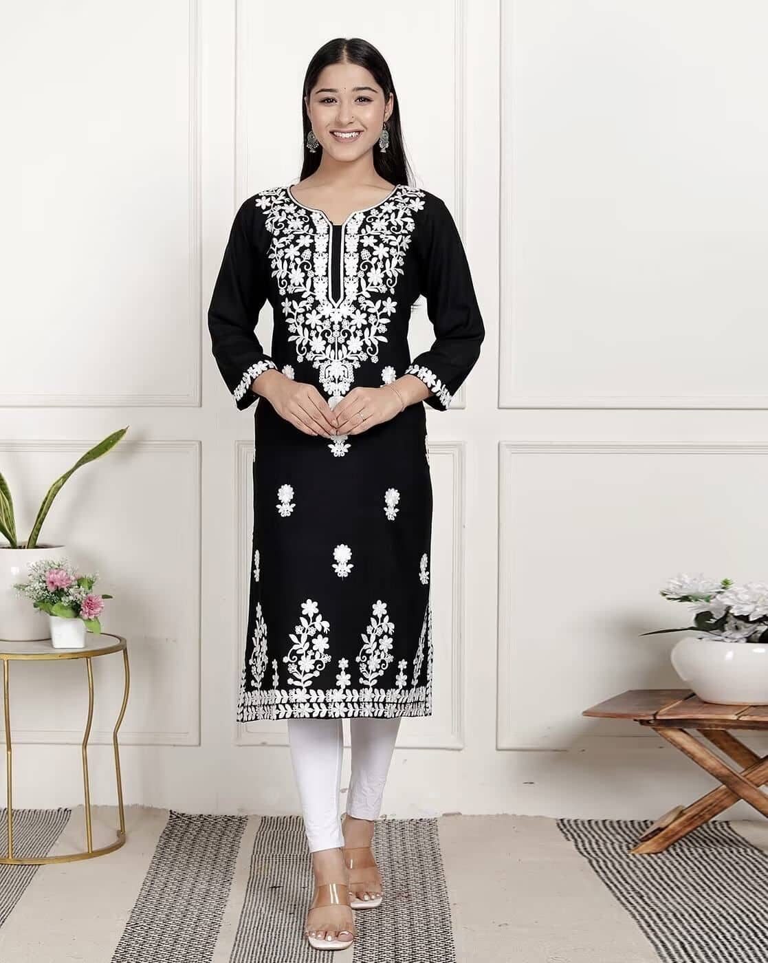 anushansa Women Viscose Rayon Embroidered Straight Kurti ( Black ) - Kurtis, Tunics | Buy online on ZillyBuy