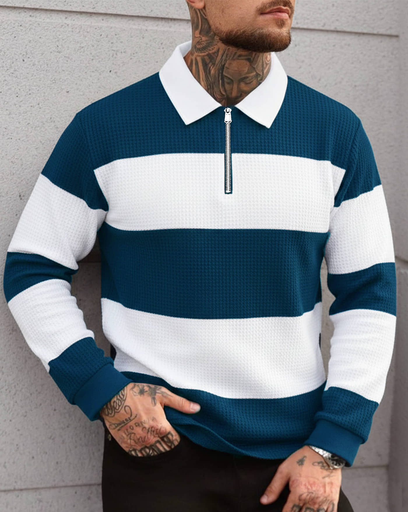 AUSK Men Cotton Blend Regular Fit Striped Polo T Shirt ( Blue )