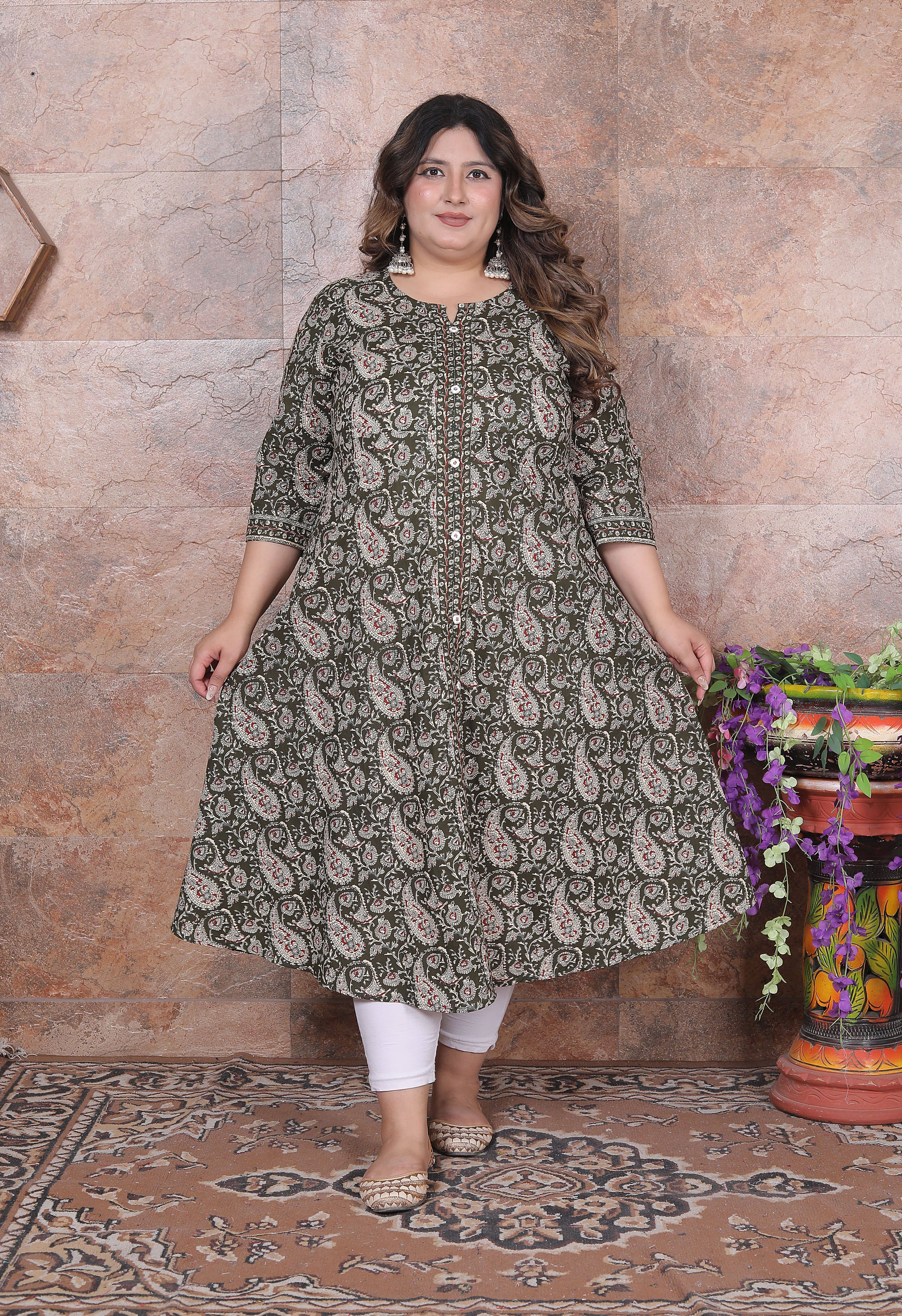Avnii Women Cotton Printed A-line Kurti ( Green ) - Kurtis, Tunics | Buy online on ZillyBuy