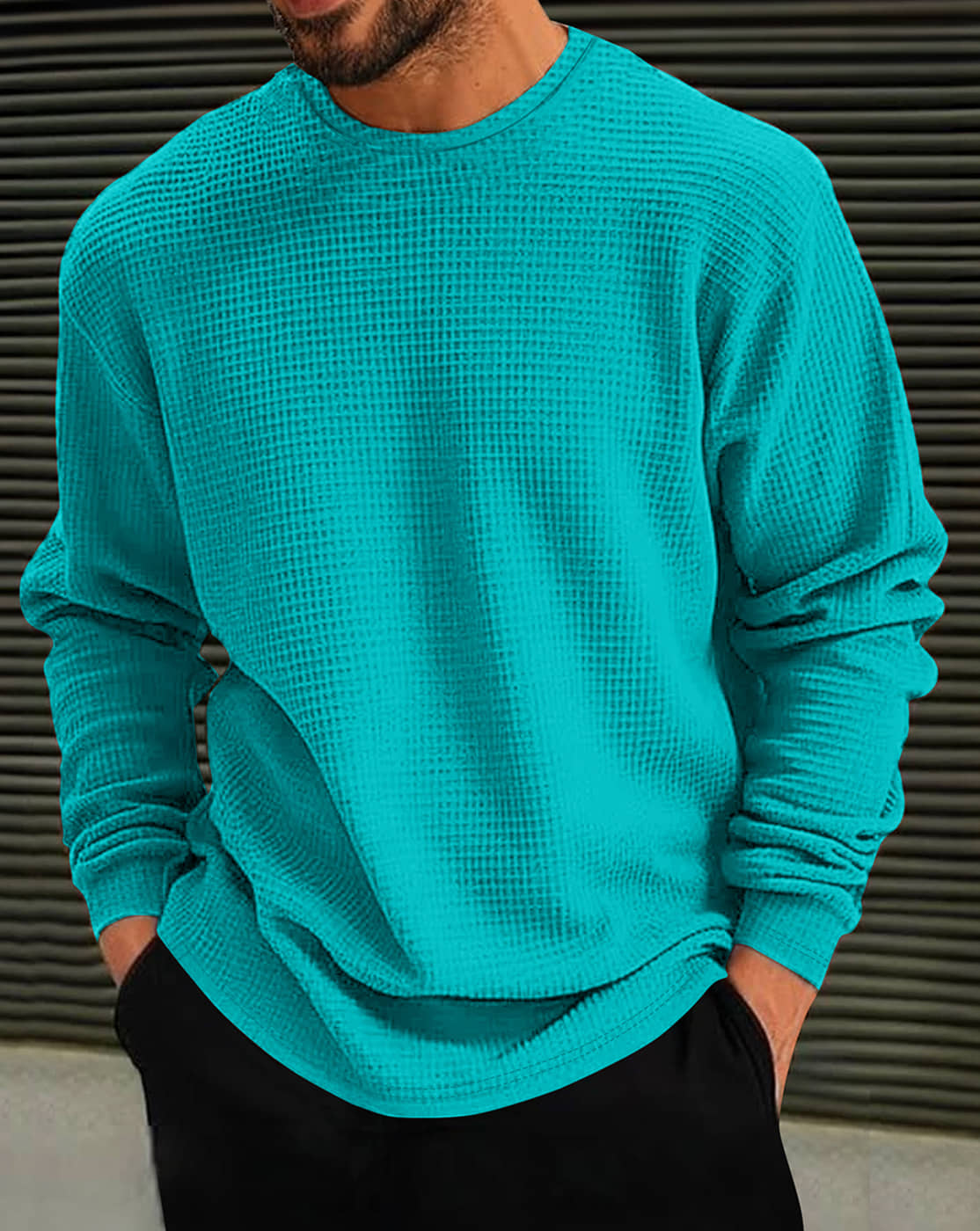 Eyebogler Men Cotton Oversized Fit Self Design T-Shirt ( Sea Green )